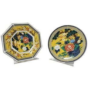 Vintage Japanese Porcelain Plates Set of 2 Octagon‎ Round Floral Gold Trim
